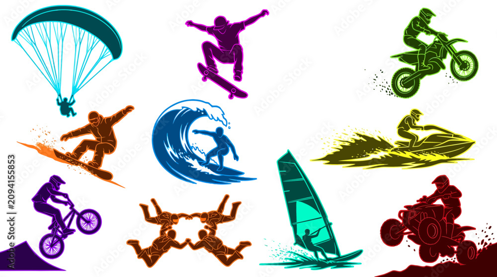 Fototapeta premium colorful vector silhouettes set of extreme outdoor sports activities like surfing skateboarding snowboarding and motocross, these activities bring adventure concept illustrating active lifestyle