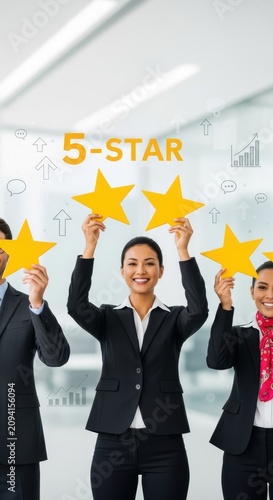 Business team celebrating five star success in office.