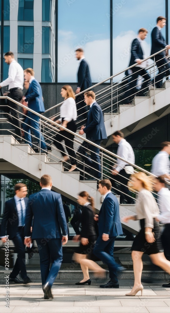 Obraz premium Business professionals walking up modern office stairs.