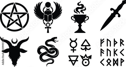 Foto Occult and esoteric silhouette icon set featuring pentagram scarab ankh chalice