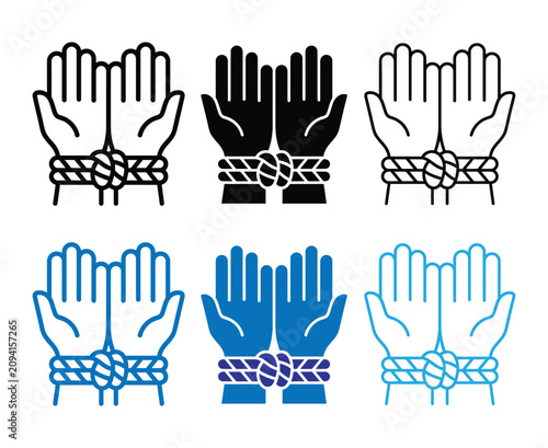 Foto Bonded hands with rope knot icons collection for kidnapping or restraint concept design