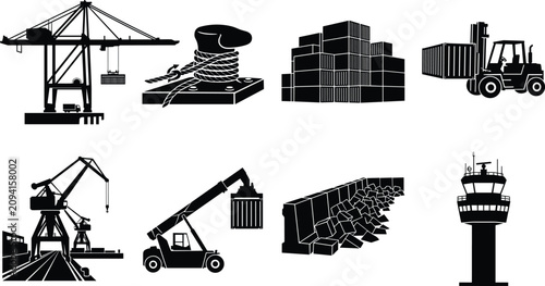 Photos Port and Shipping Logistics Silhouette Icon Set Featuring Container Crane Forkli