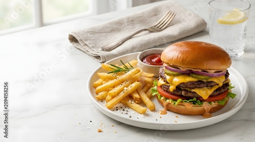 Delicious double cheeseburger with fries and ketchup
