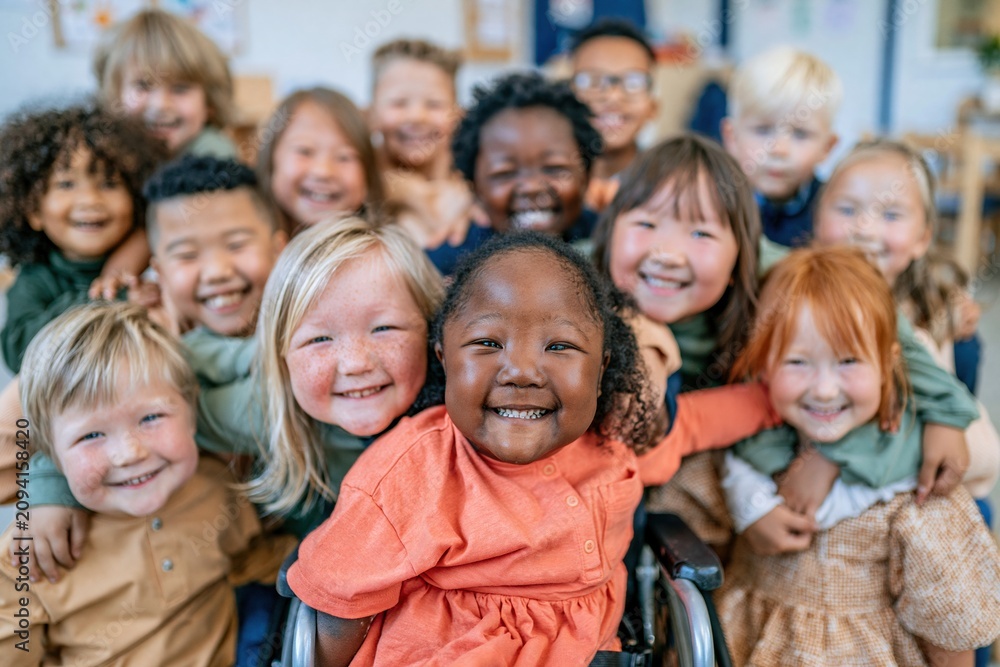 Obraz premium Diverse group of joyful elementary children huddle together in a warm, soft-lit classroom setting for inclusive education and lifestyle branding