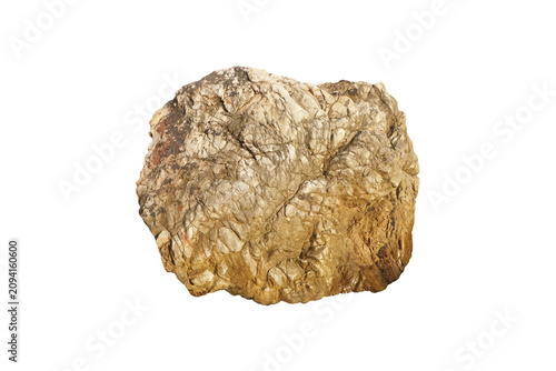 Isolated rugged Quartzite rock boulder with prominent white Quartz veins, weathered golden brown surface from coastal erosion on pure white background.            