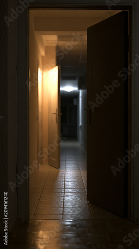 Open Apartment Door Revealing Dark Hallway at Night