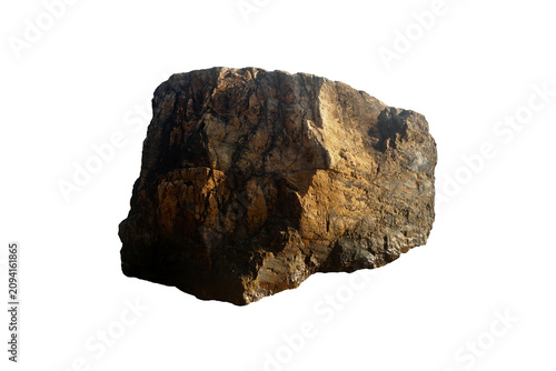 Isolated large monolithic Quartzite rock boulder with blocky fractures, rugged weathered texture and dark iron oxide staining on white background.