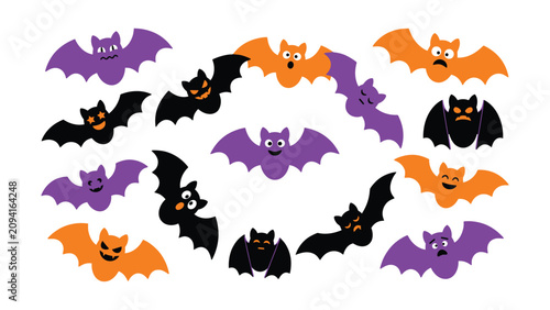 Colorful cartoon bats with various happy and funny expressions flying