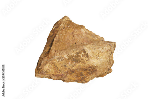 Isolated large angular Quartzite rock boulder with a sharp pyramidal mountain shape, weathered golden brown coastal texture on white background.