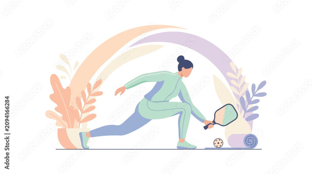 Fototapeta premium A determined woman playing pickleball in a dynamic lunging pose.