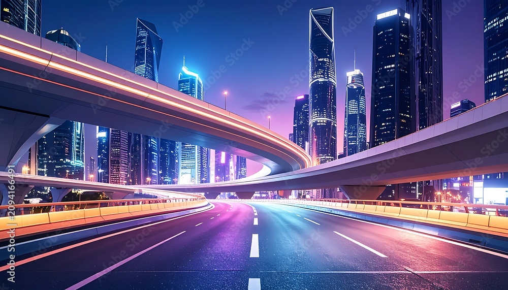 Fototapeta premium A futuristic cityscape at dusk with a highway and skyscrapers (1)