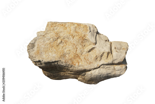 Isolated large horizontal cream and grey Quartzite rock boulder with sculpted coastal erosion waves and weathered golden brown core on white background.