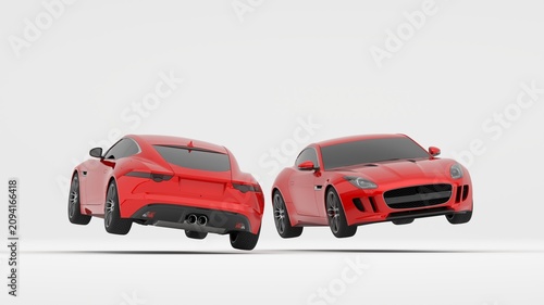 Realistic 3D render showing the front and rear views of a modern red sports car. Ideal for automotive presentations, vehicle design portfolios, transportation, and advertising projects.