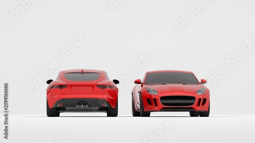 Realistic 3D render showing the front and rear views of a modern red sports car. Ideal for automotive presentations, vehicle design portfolios, transportation, and advertising projects.