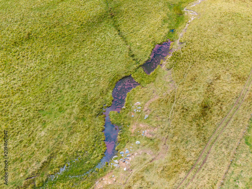 A top-down view of a river and field