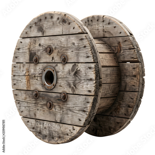 Rusty metal wire cable spool isolated on transparent background