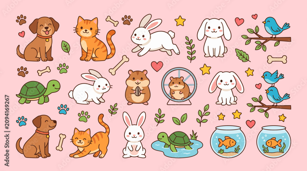 Obraz premium Cute kawaii domestic pet animals collection set with dog cat rabbit hamster bird and fish on pink background, illustrating educational nursery decor and representing pet shop branding