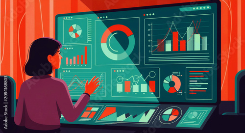 Woman analyzing complex data on large digital dashboard. Analyst monitoring real-time metrics and financial graphs. Data visualization concept, ideal for fintech and business marketing.