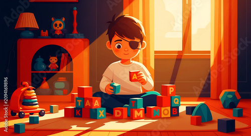 Boy with eye patch playing with alphabet blocks in sunlit room. Child engaged in learning and vision therapy at home. Pediatric eye care and education concept for healthcare marketing.