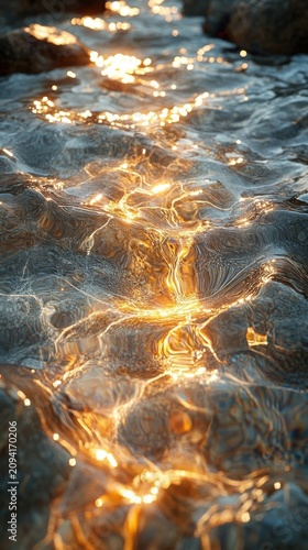 Golden Sunlight Reflections On Clear Shallow River Water Flowing Over Textured Dark Riverbed Stones