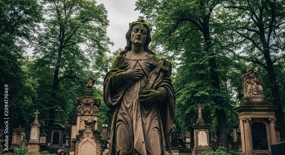 Obraz premium Bronze statue of woman in old cemetery with trees.
