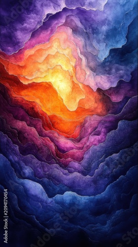 Abstract Watercolor Galaxy Painting With Vibrant Purple Orange And Blue Layers And Starry Texture