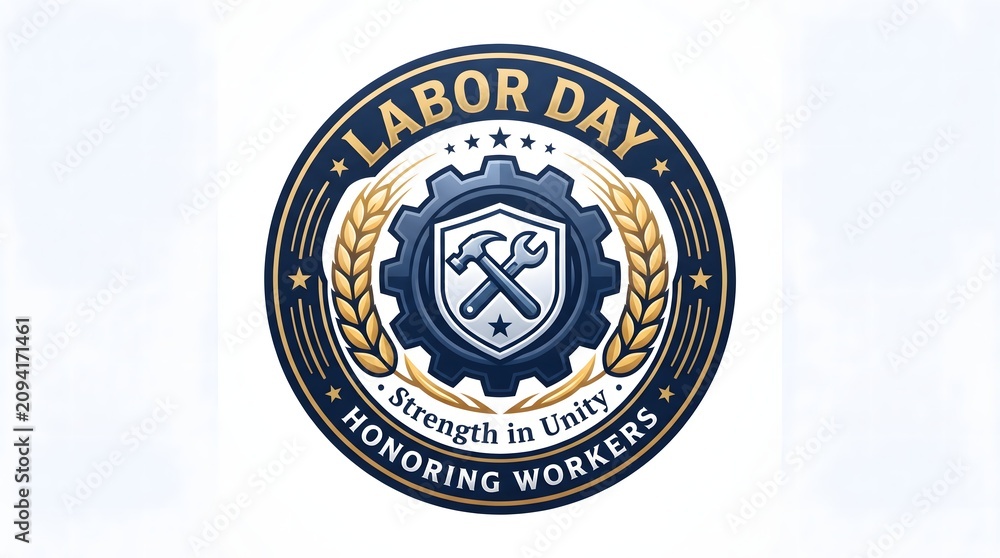 Fototapeta premium Happy labor day graphic emblem featuring industrial gear and construction tools, industrial
