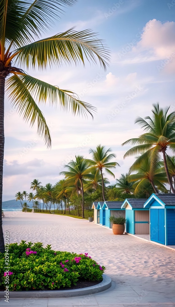 Fototapeta premium Seaside landscape with palm trees and beach huts, tropical, ||beach