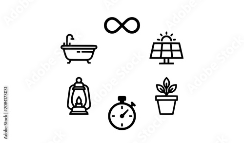 Minimal black utility and home icons with infinity symbol solar panel flower pot stopwatch lantern and bathtub
