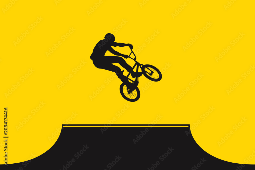 Obraz premium BMX rider jumping on yellow background black silhouette cyclist bicycle bike sports