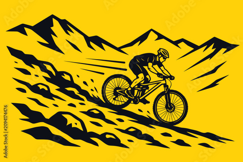 Mountain biker riding on yellow background illustration vector cyclist bike sports