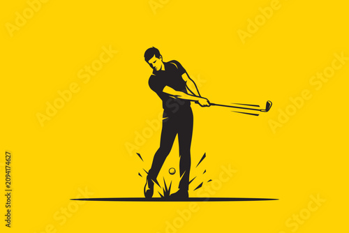 Golf player silhouette swinging club on yellow golfer sports illustration black
