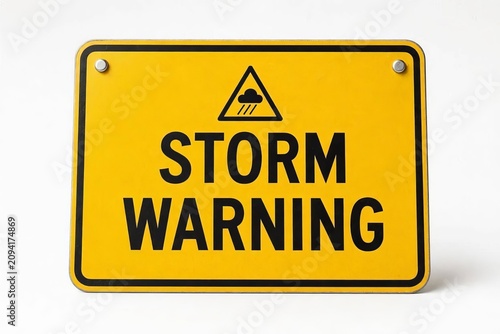 A yellow storm warning sign is on a white background