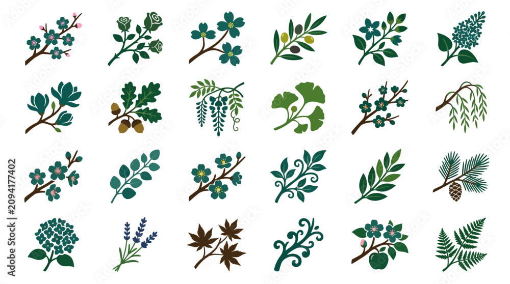 Fototapeta premium A vibrant collection of various leafy plants and flowers illustrated in a digital format for ranting purposes.