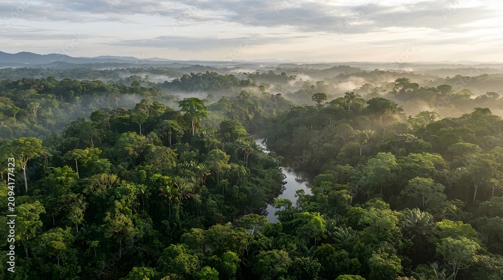 Fototapeta premium A view from above of a dense rainforest rich in biodiversity and lush green trees, with a small stream flowing through the middle 