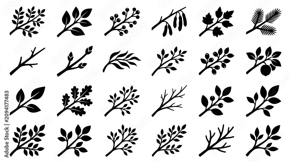Fototapeta premium A collection of various leafy branches and silhouettes on a white background in a graphic illustration.