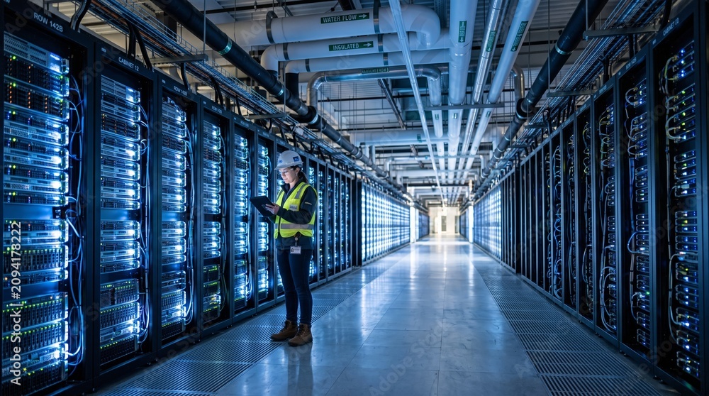 Obraz premium A data center worker reviews a tablet while standing in a long, clinically cool aisle of towering server racks illuminated by bright blue LED lights.