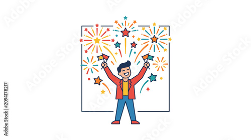 Canvas Print Celebration Man With Flags and Fireworks