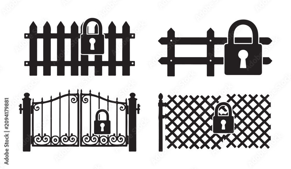 Obraz premium Security fence silhouettes with padlock icons representing protection and private property.