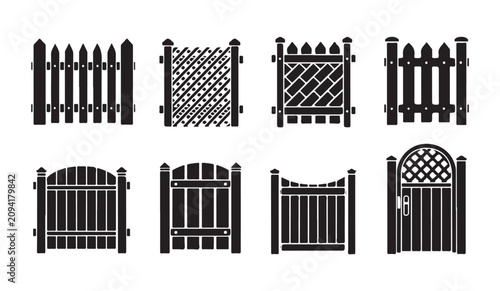 Billede på lærred Selection of wooden fence and gate silhouettes with lattice and picket design elements