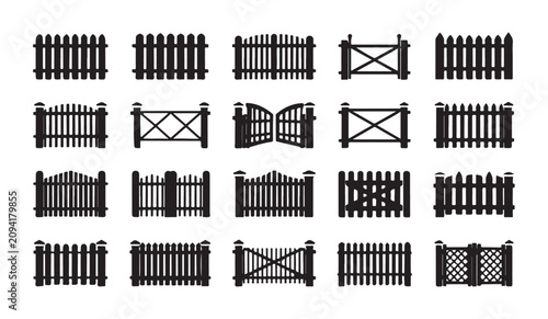 Comprehensive set of wooden fence and gate silhouettes for professional garden planning.