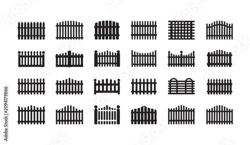 Canvas Print Set of various wooden fence silhouettes for garden boundary design and backyard security