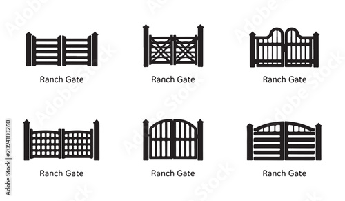 Set of black silhouette ranch gate vector icons with text labels, various designs.