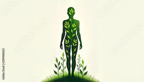 abstract representation of a human figure filled with green leaves and grass, symbolizing connection to nature and health, concept well-being, with copy space