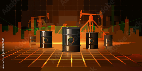 Cuadro en lienzo Oil Barrels And Pumpjacks With Rising Stock Chart Vector Illustration