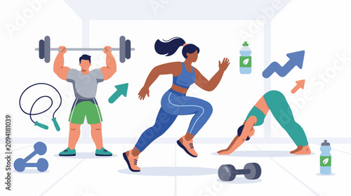 Diverse people engaging in various fitness activities and using workout equipment