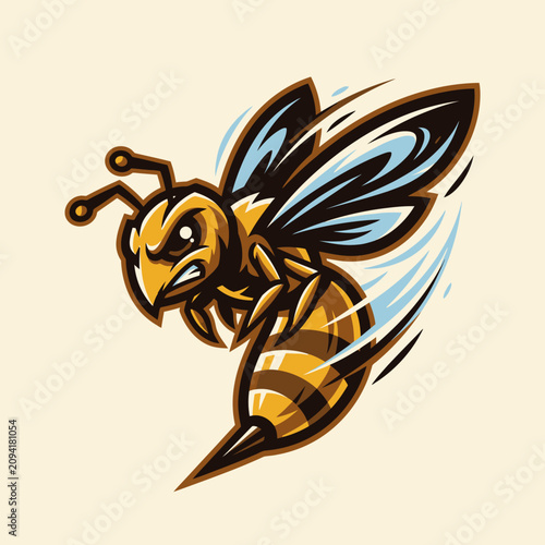 Detailed angry hornet mascot in flight.