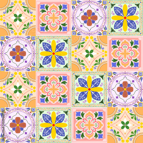 Colorful Mediterranean ceramic tile patchwork seamless pattern