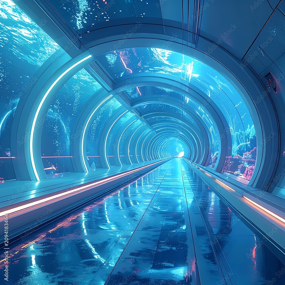 Fototapeta premium A futuristic underwater tunnel with glowing blue lights and aquatic life