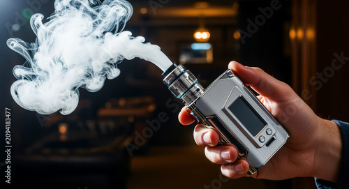 Hand holding metallic vape mod emitting thick white vapor clouds. Close-up of electronic cigarette in dark lounge interior. Vaping culture concept for smoking alternative marketing.